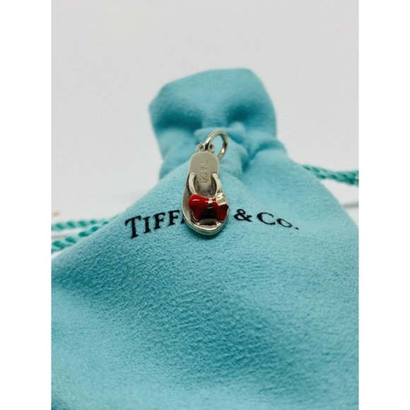 Tiffany & Co Sterling Silver Red Enamel Bow Flip Flop Charm Pendant Rare